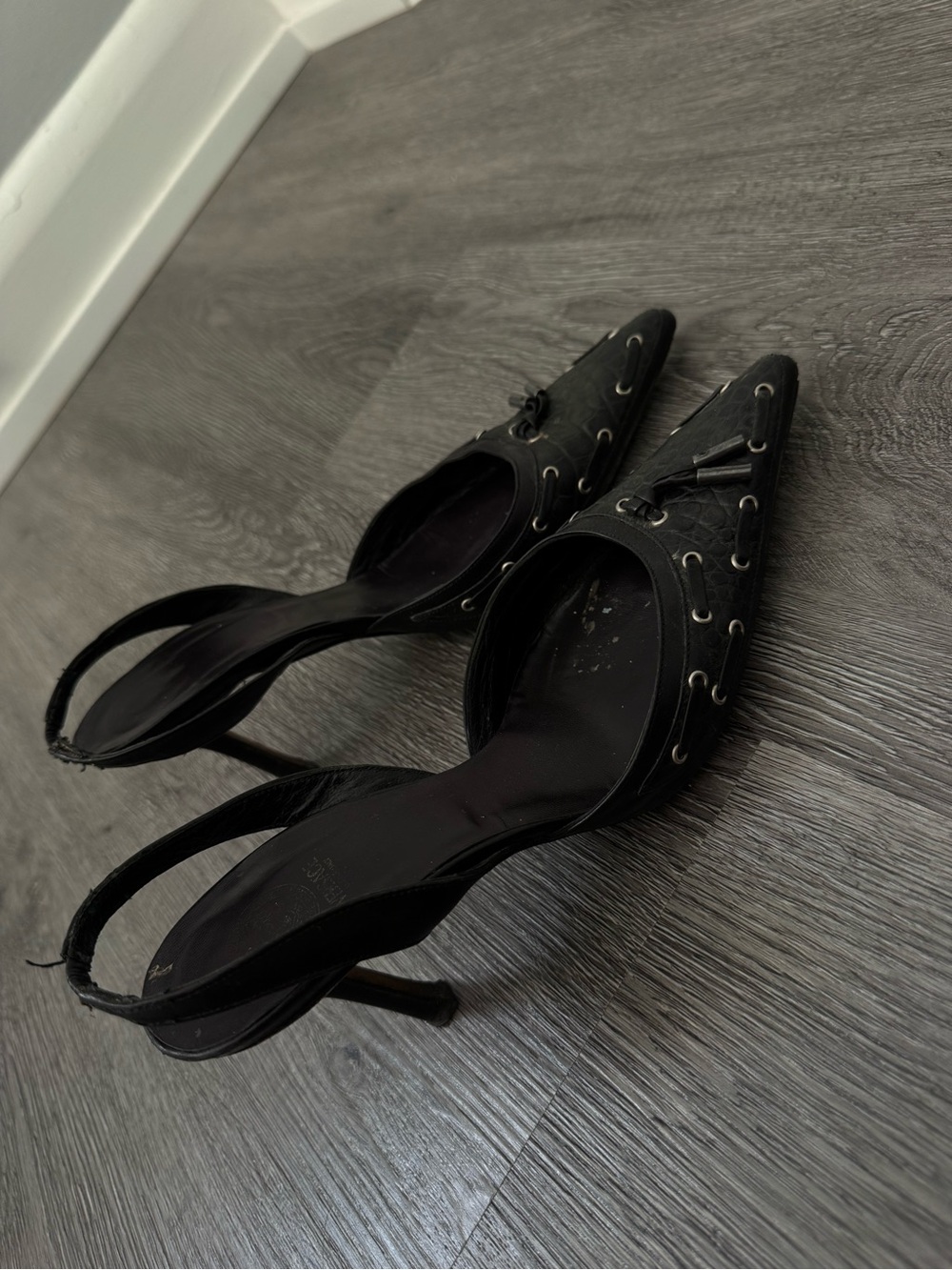 Versace Black Pointed Toe Slingback Heels with Lace-Up Detail - Picture 3 of 5